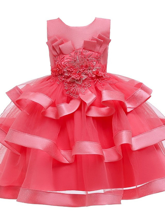 Polyester Ball Gown Sleeveless Dress with Jewel Flower Print for Girls