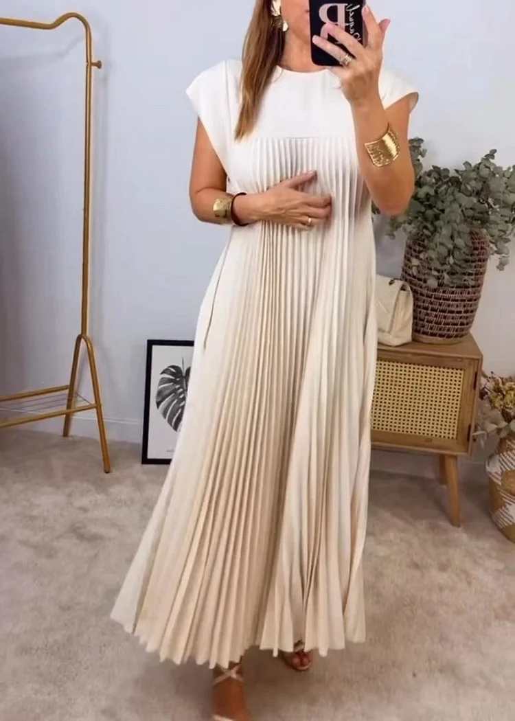 Women's 2024 Casual Dresses Crew Neck Sleeveless Pleated Maxi Dress