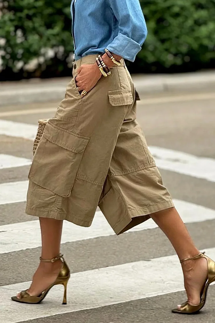 Plus Size Daily Khaki Pocket High Rise Cargo Shorts [Pre-Order] 2024 - Xpluswear