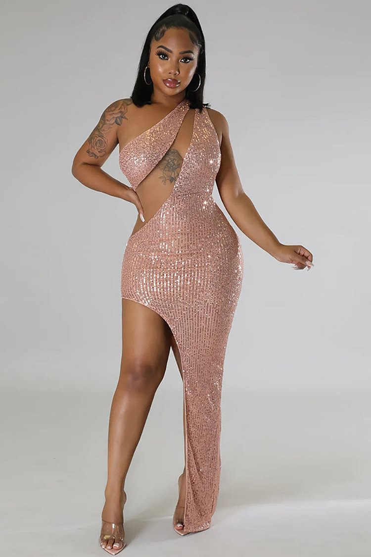 One Shoulder Sequin Slit Cut Out Sheer Cocktail Party Maxi Dresses