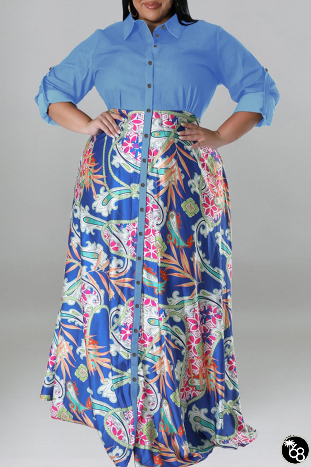 Royal Blue Casual Sweet Print Patchwork Buckle Turndown Collar Long Sleeve Plus Size Dresses | 168DEAL