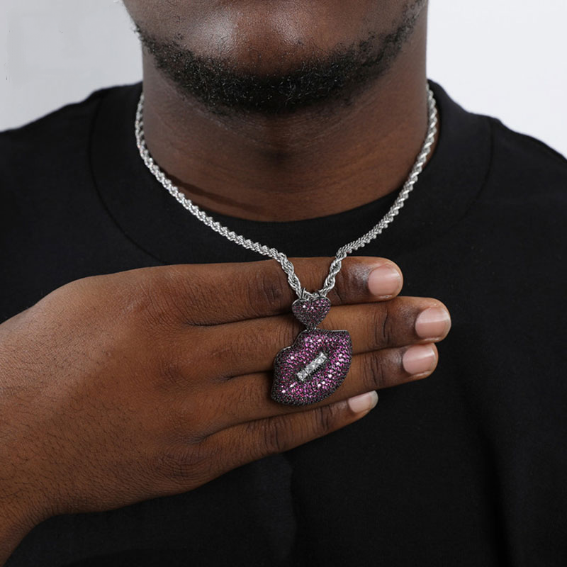 Hip Hop Full Iced Out Purple CZ  Lips Pendants Necklace-VESSFUL
