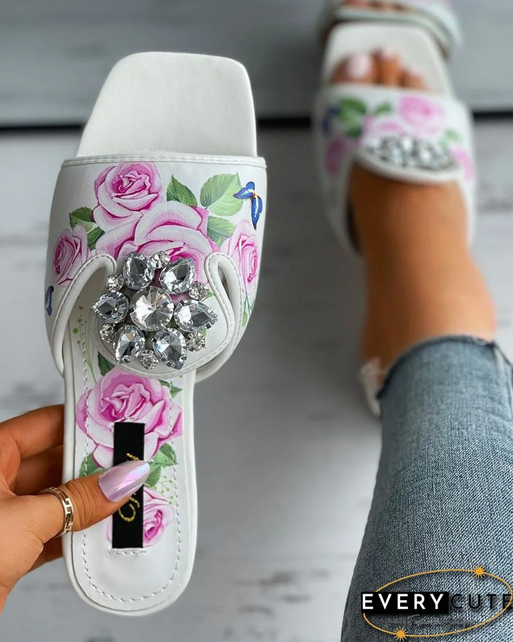 Floral Print Rhinestone Decor Chunky Heels