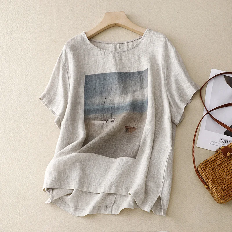 Vintage print cotton and linen T-shirt