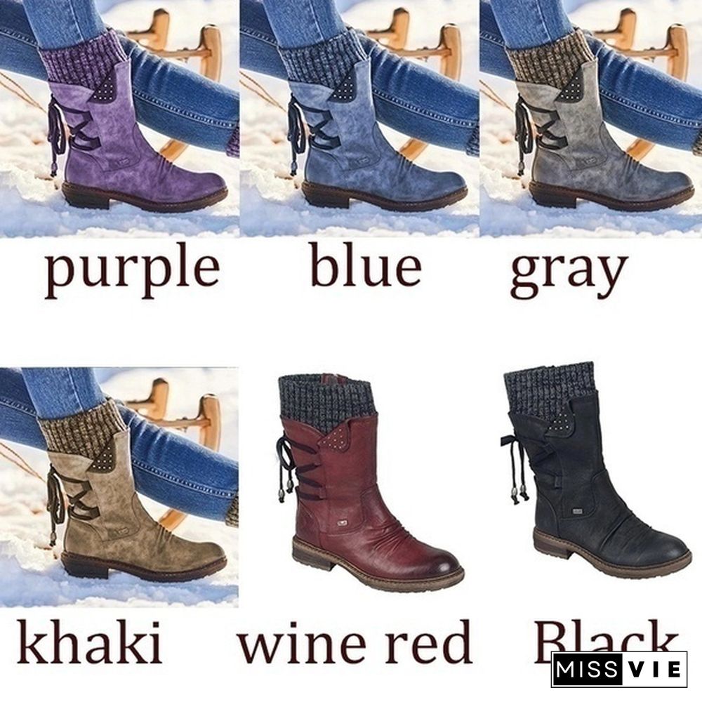 New Fashion Autumn and Winter Womens Boots In The Calf Boots Casual Flat Snow Boots Leather Sweater Bandage Boots Cowgirl Boots Zipper Low Heel Ladies Boots