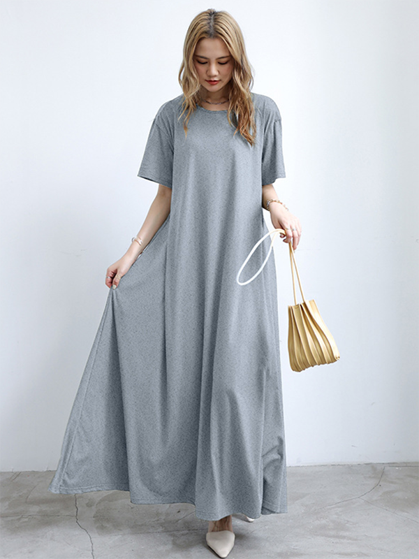 Simple Loose Short Sleeves Solid Color Round-Neck Maxi Dresses
