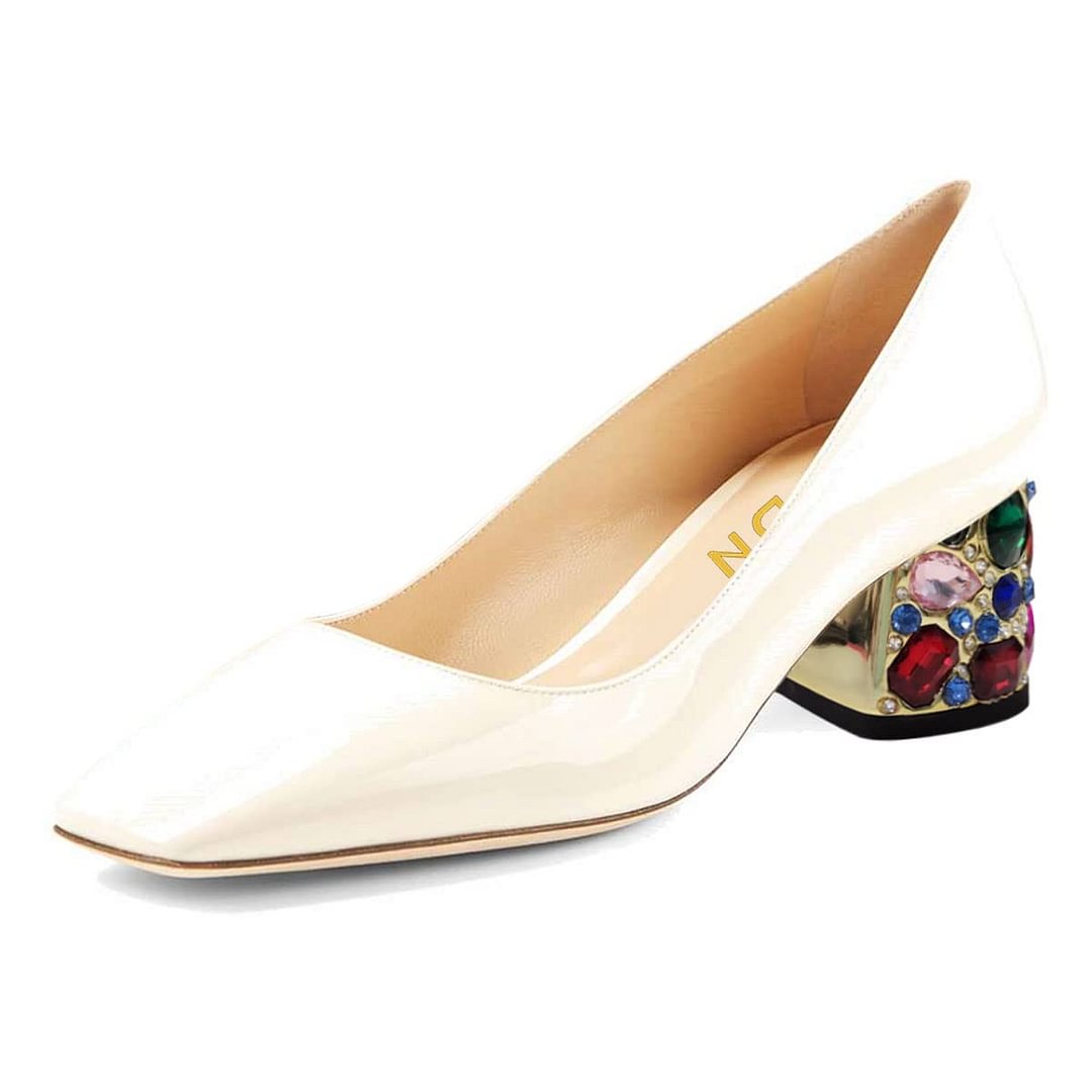 Stylish Patent Leather Square-Toe Decorative Block Heel Pumps in Nude