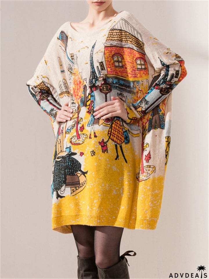 Autumn Winter  Large Size Knitting Pullover Printed Graffiti Women's Dresses