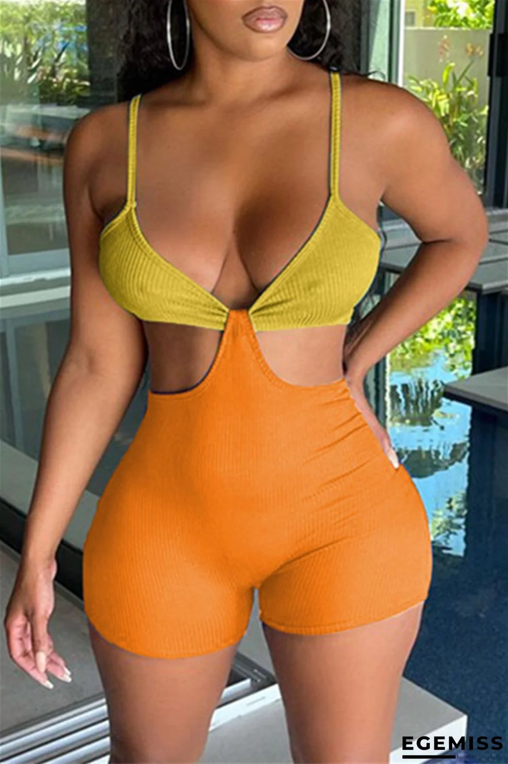 Orange Fashion Sexy Patchwork Backless Spaghetti Strap Skinny Romper | EGEMISS