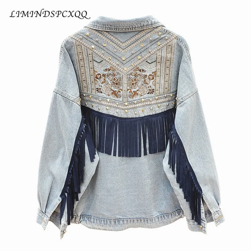 Denim Jacket Korean Floral Embroidery Suede Fringe Loose Chaquetas Mujer Coat Long Sleeve Outerwear Jacket Women Veste Femme
