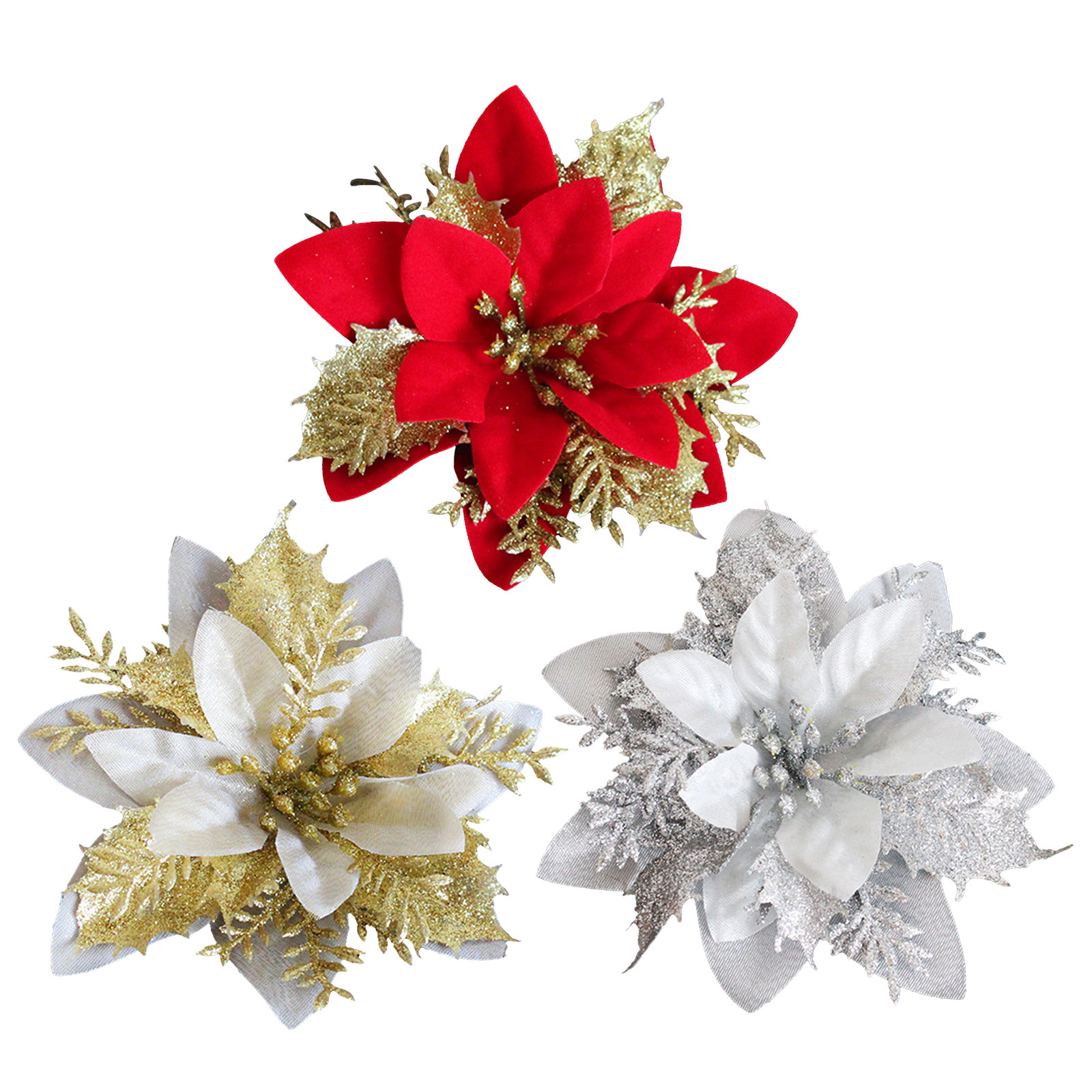 

Christmas Trees Decor Glitter Artificial Poinsettia Bush Flower Wreath, Red, 501 Original