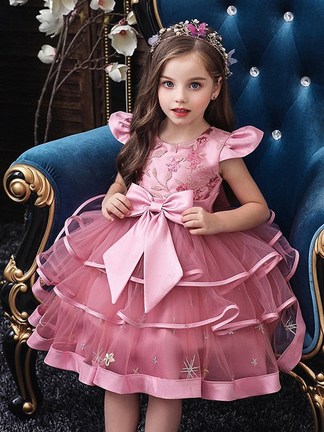 Oknass Short Sleeve Jewel Neck Ball Gown Flower Girl Dress Tulle With Bow Embroidery  Cascading Ruffles