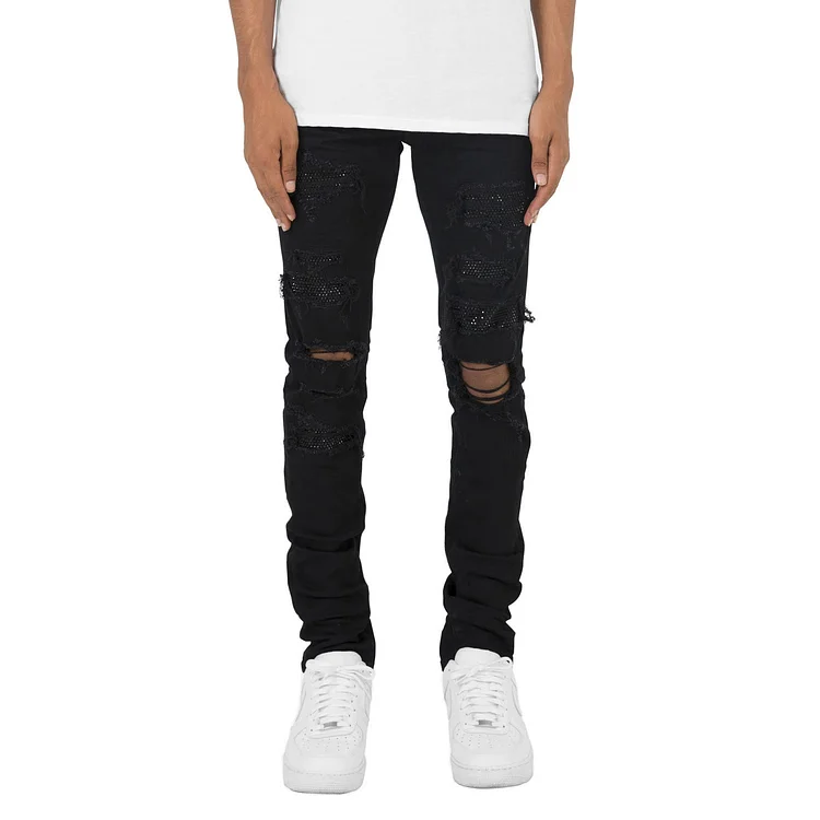 Hot Drilled Hole Black Men's Jeans Slim Fit Stretch Men's Jeans at Hiphopee