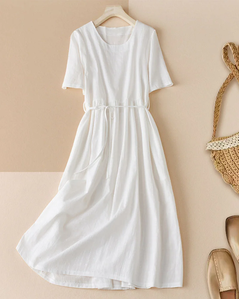 Cotton Linen Round Neck Casual Dress
