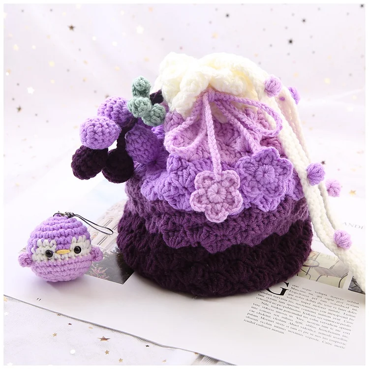 Lulusnow Handmade Purple Gradient Color Bucket Bag Grapes Crochet Bag