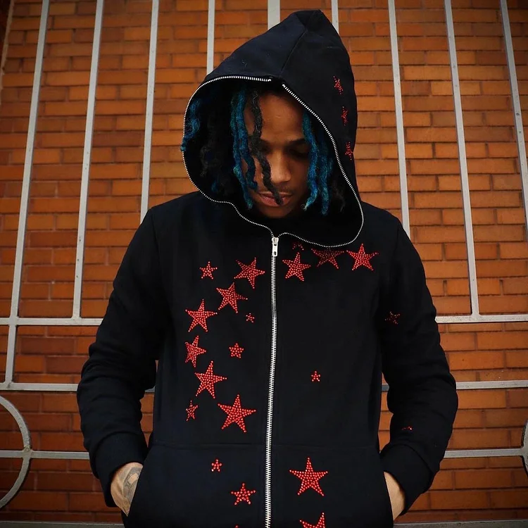 Rhinestones Red Star Full Zip Up Hoodie Sweatshirt Black Hoodies at Hiphopee