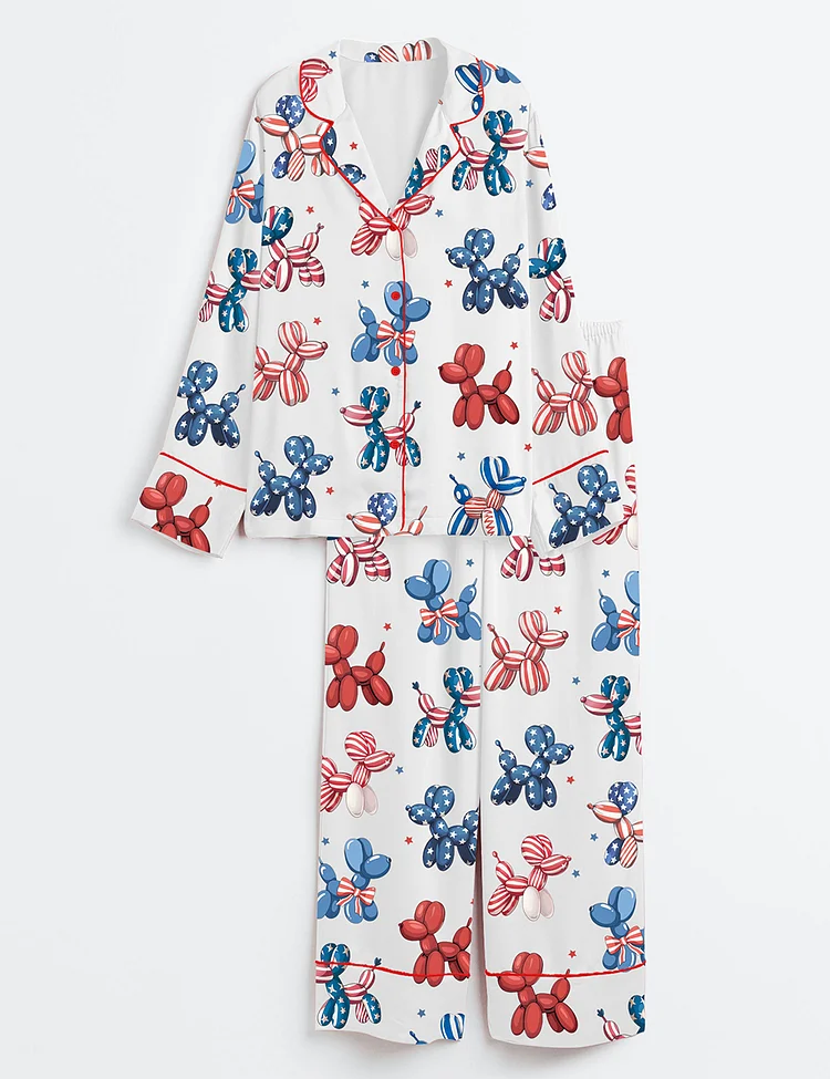 Women&rsquo;s Patriotic Balloon Dog 4th Of July Animal Red White Blue Star USA Print Long Sleeve Satin Pajama Set