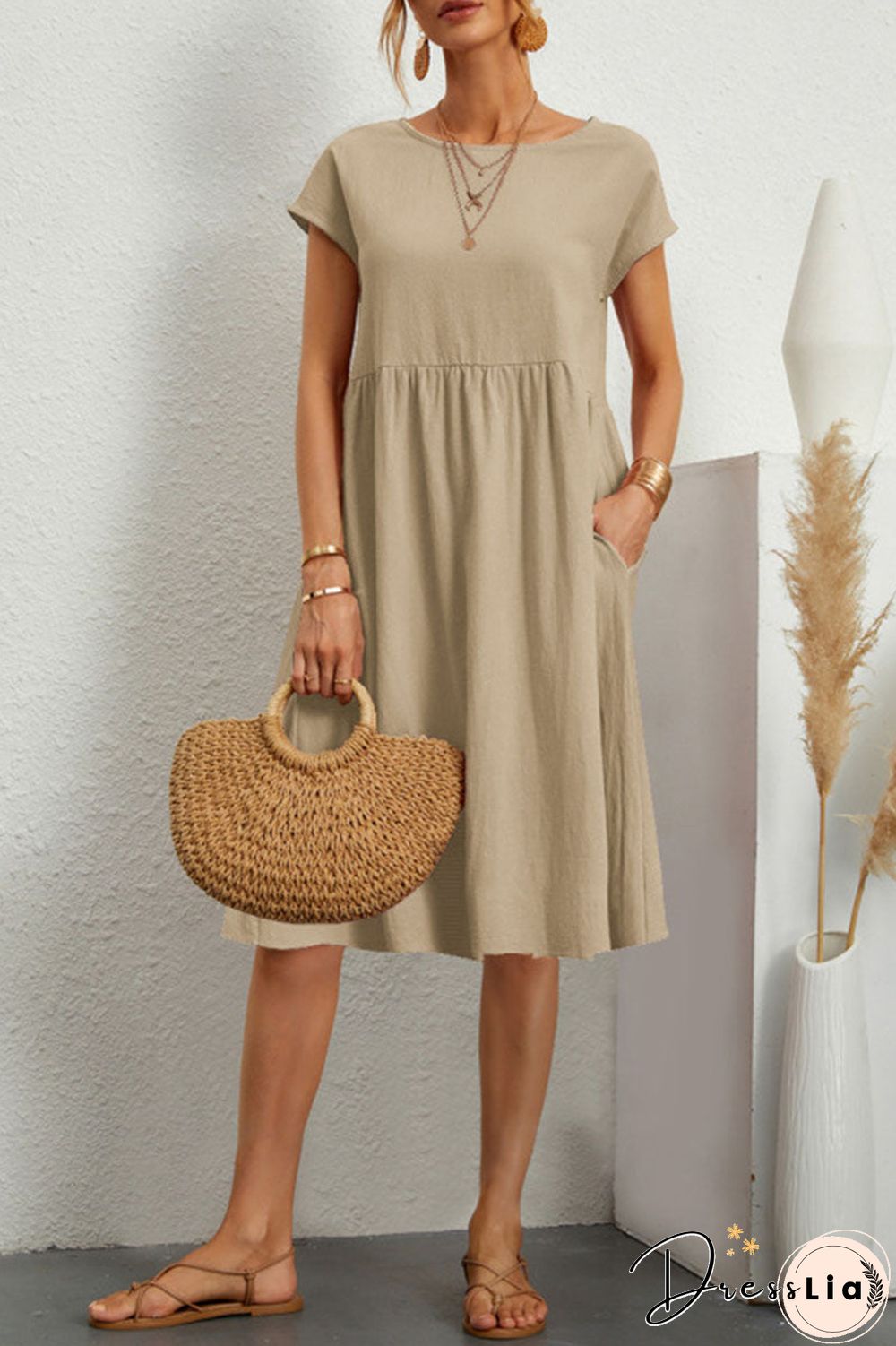 Casual Solid Patchwork O Neck A Line Short Sleeve Dress(11 Colors)