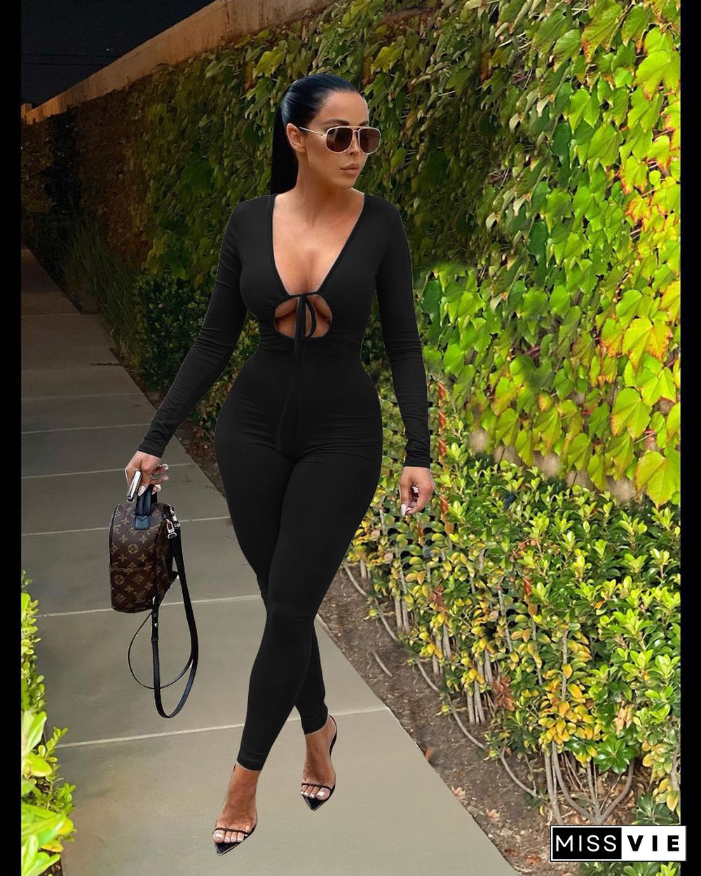 Lace Up Cut Out Long Sleeve Bodycon jumpsuit