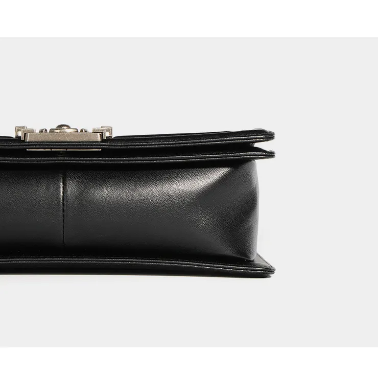Calfskin Ruthenium Finish Metal Black Large Handbag-vocosishoes