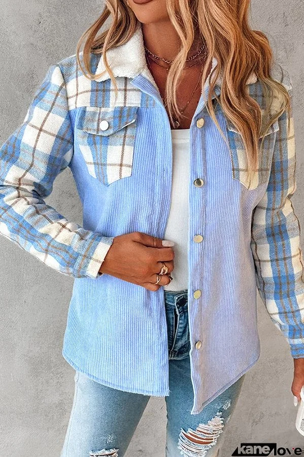 Colorblock Plaid Print Pocket Corduroy Plush Lined Long Sleeve Coat