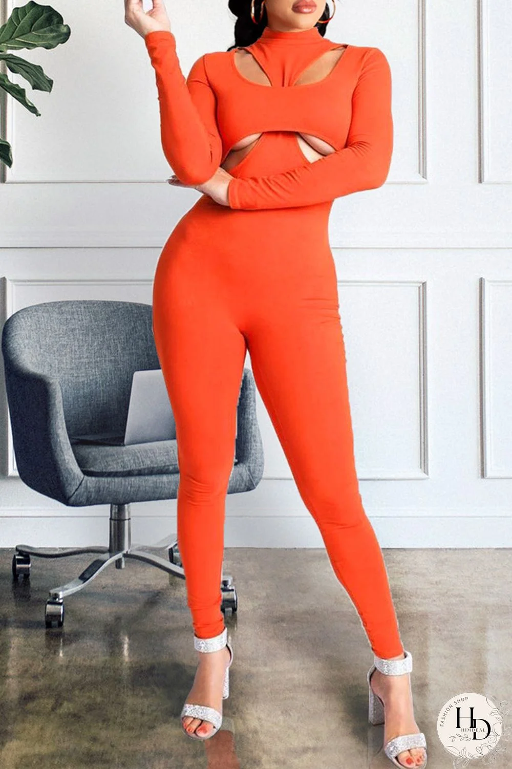Orange Sexy Casual Solid Hollowed Out Turtleneck Skinny Jumpsuits