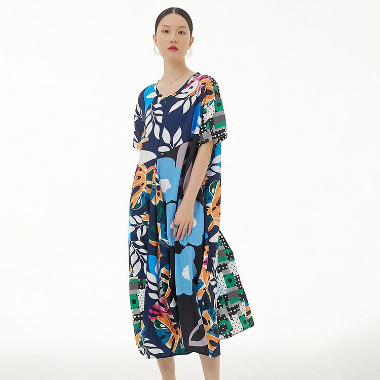 Vintage Loose V-neck Multi Pattern Printed Short Sleeve Dress 