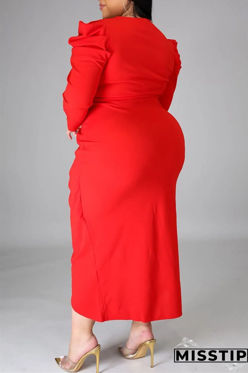 Black Fashion Casual Solid Patchwork V Neck Long Sleeve Plus Size Dresses