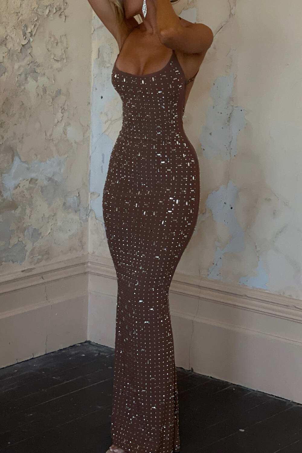 Rhinestone Decor Bodycon Backless Party Slip Maxi Dresses-Brown [Pre Order]