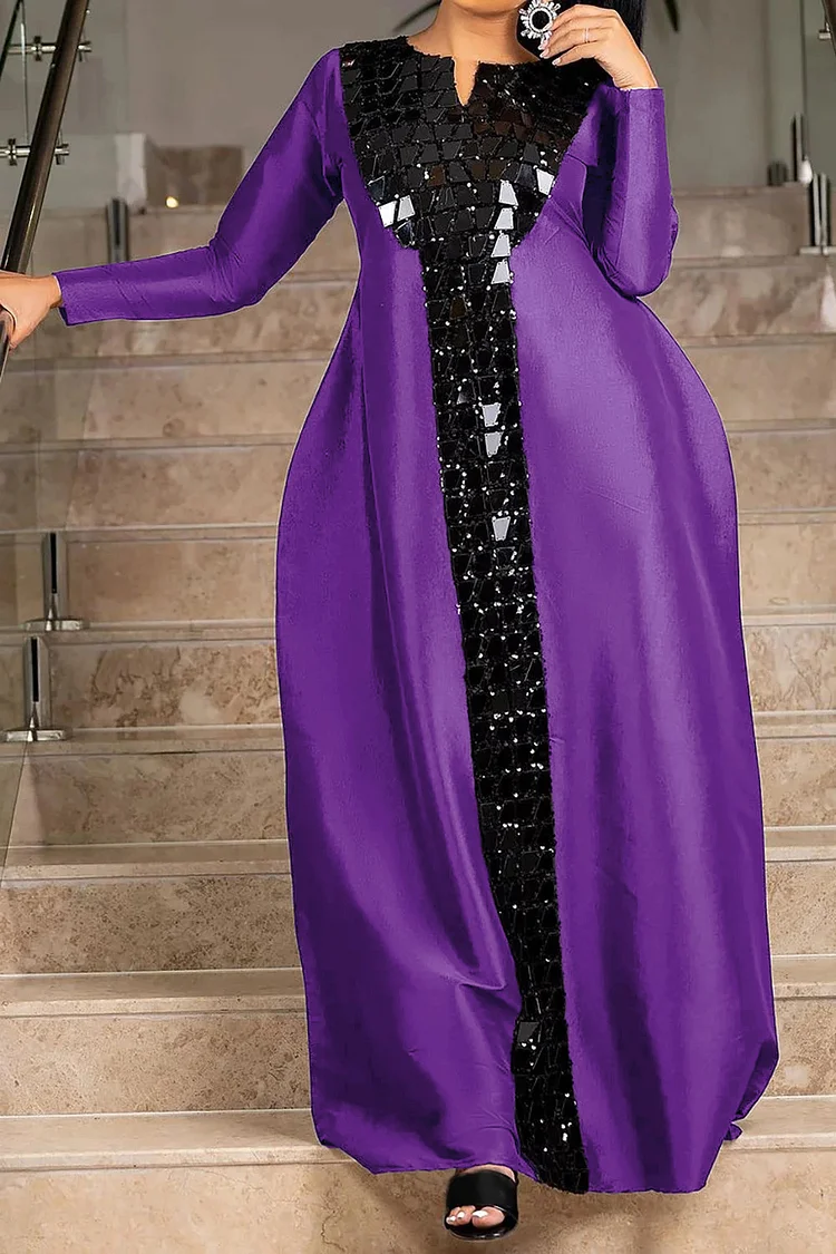 Plus Size Semi Formal Dress Purple Satin Sequin Long Sleeve Maxi Dress [Pre-Order]