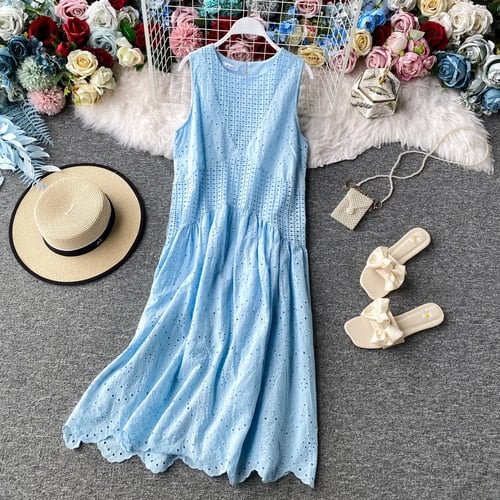 FTLZZ Summer New Arrival Women Ladies Sleeveless Loose Dresses Beach Garment Casual Hollow Out O-neck Solid Long Dress
