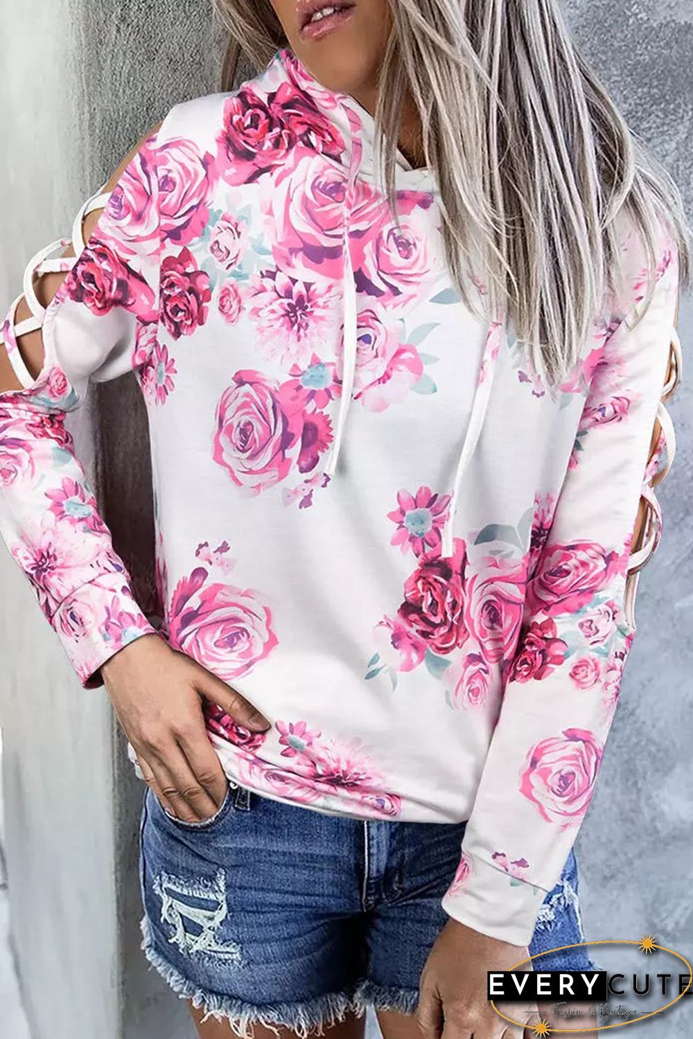 White Floral Print Criss-Cross Cold Shoulder Hoodie