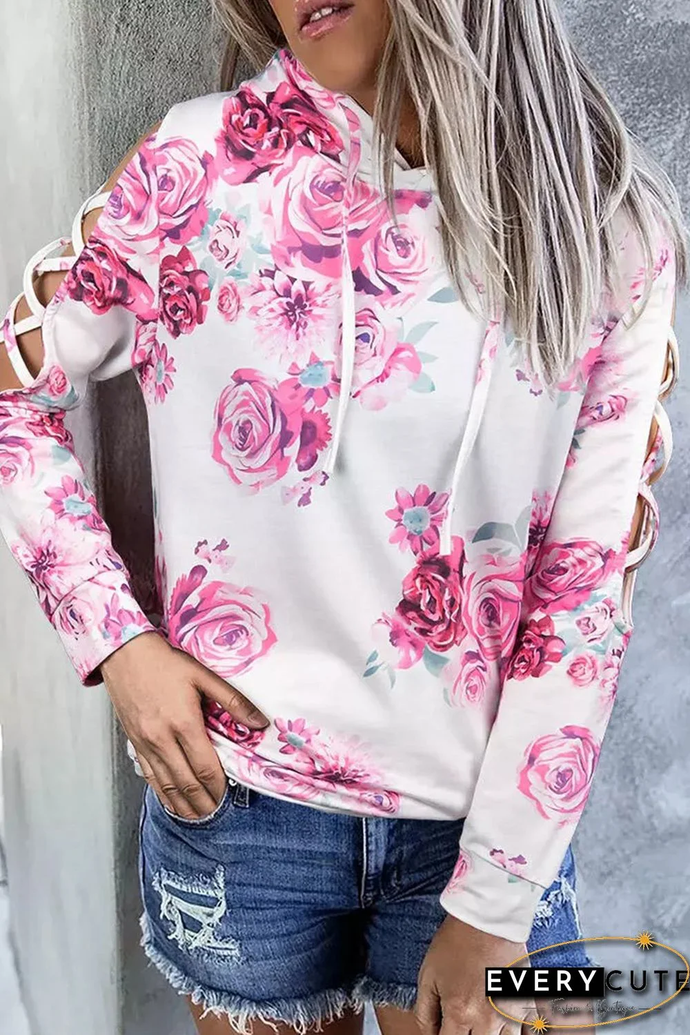 White Floral Print Criss-Cross Cold Shoulder Hoodie