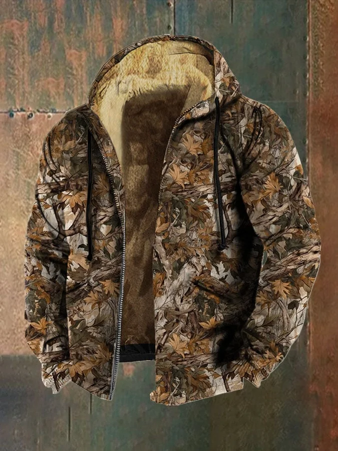 Men's Retro Autumn Tree Camouflage Print Zip Hooded Jacket
