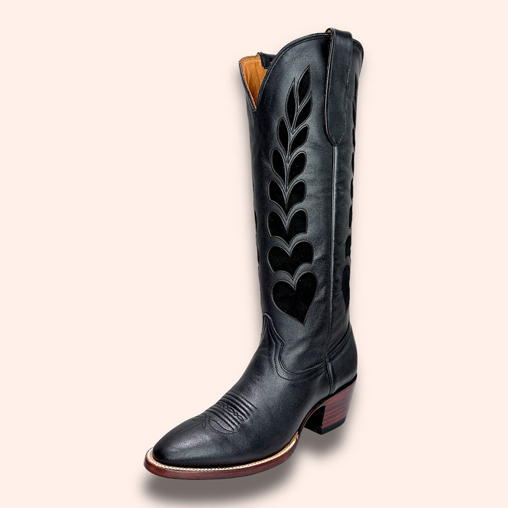 Black Heart Inlay Round Toe Chunky Heel Knee-High Cowgirl boots Nicepairs