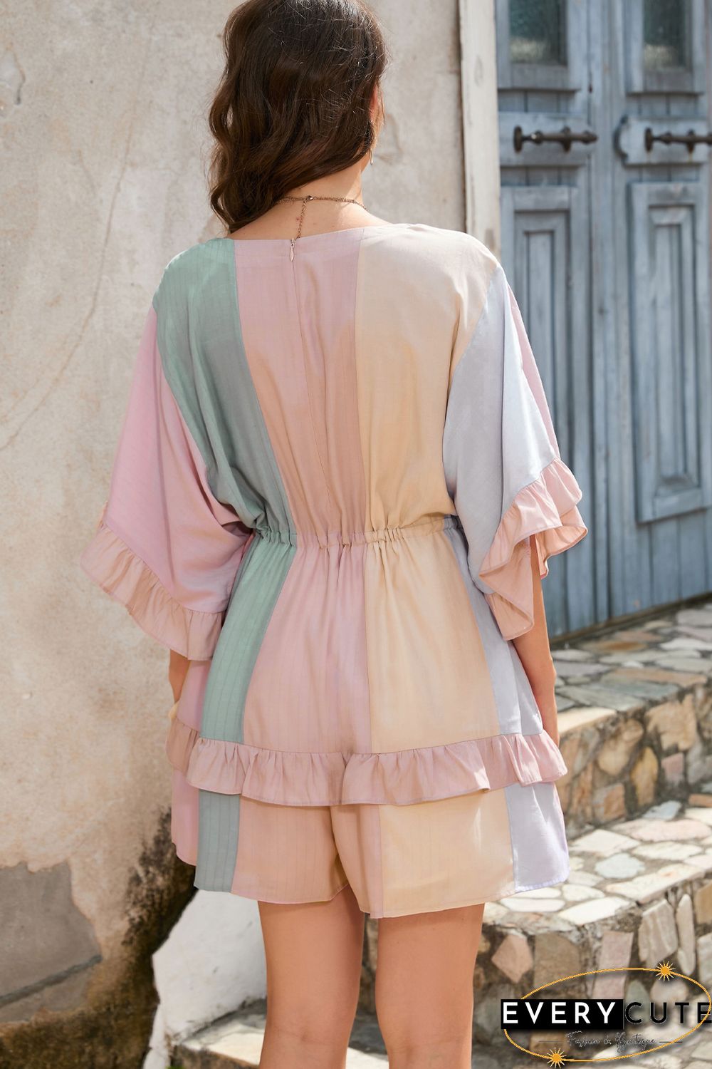 Multicolor Color Block Ruffled Drawstring High Waist Romper