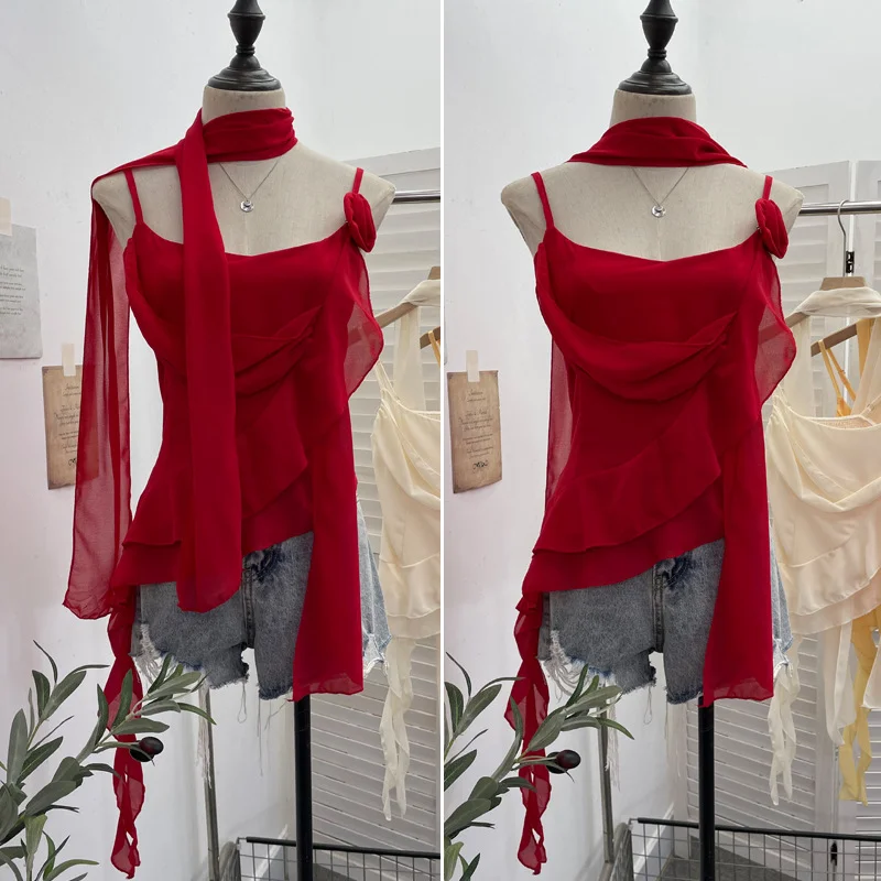 Nigikala Nigikala Irregular Lotus Leaf Edge Ribbon Ribbon Sling Sling Waist Neck Tie With Short Top 9239