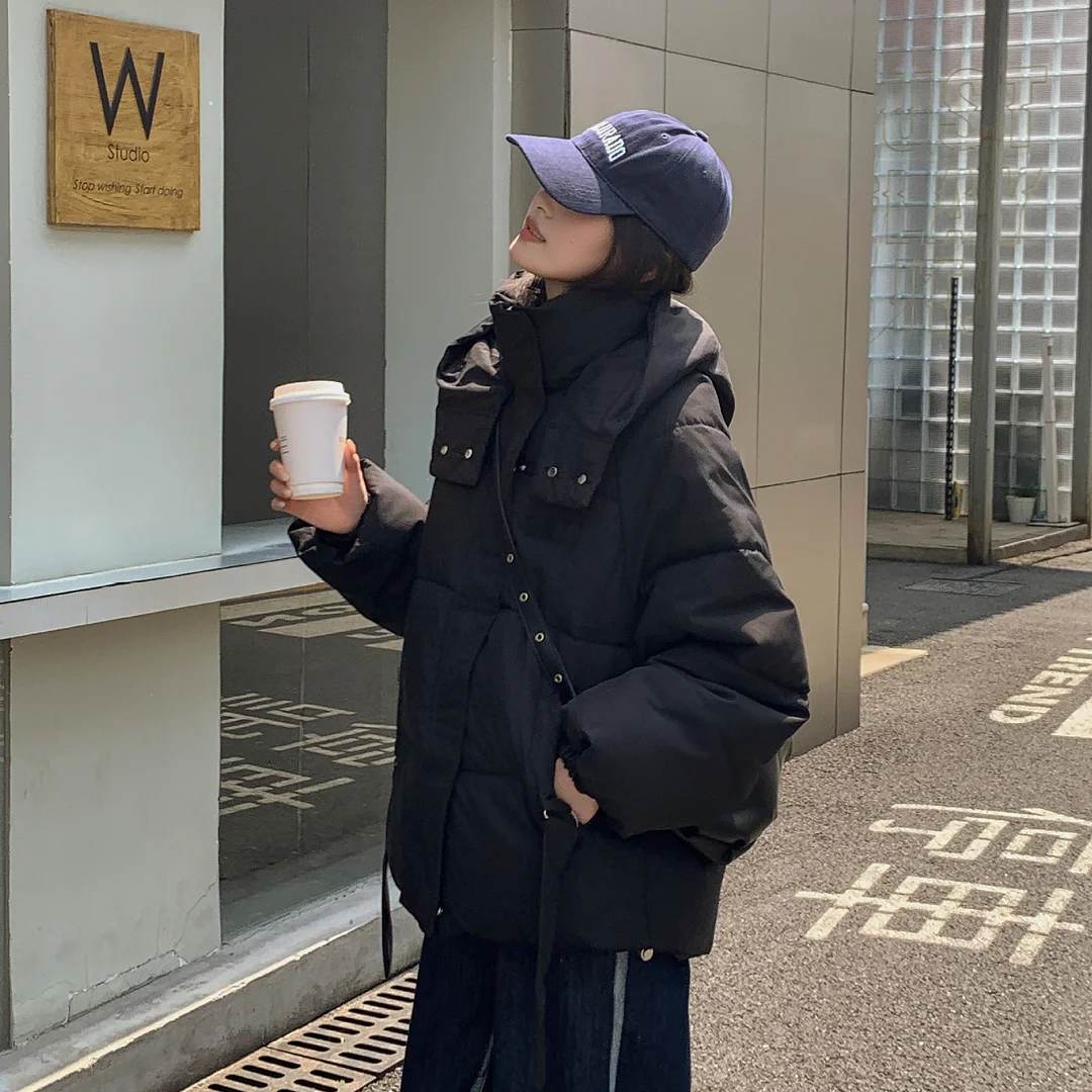 Woherb Down Cotton Jacket Female Oversize2024 Winter New Cotton-Padded Coat Korean Version Loose And Thick Cotton-Padded Jacket Bread Clothes-Outfit Ideas