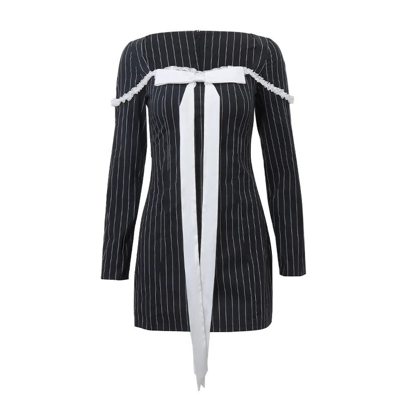Uveng Uveng Winter New Women's Sexy Pure Desire French Bow Tie Temperament Striped Dress