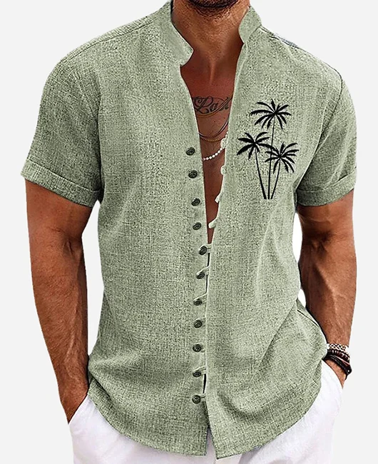 Casual Linen Single Breasted Pattern Print Stand Collar Shirt 