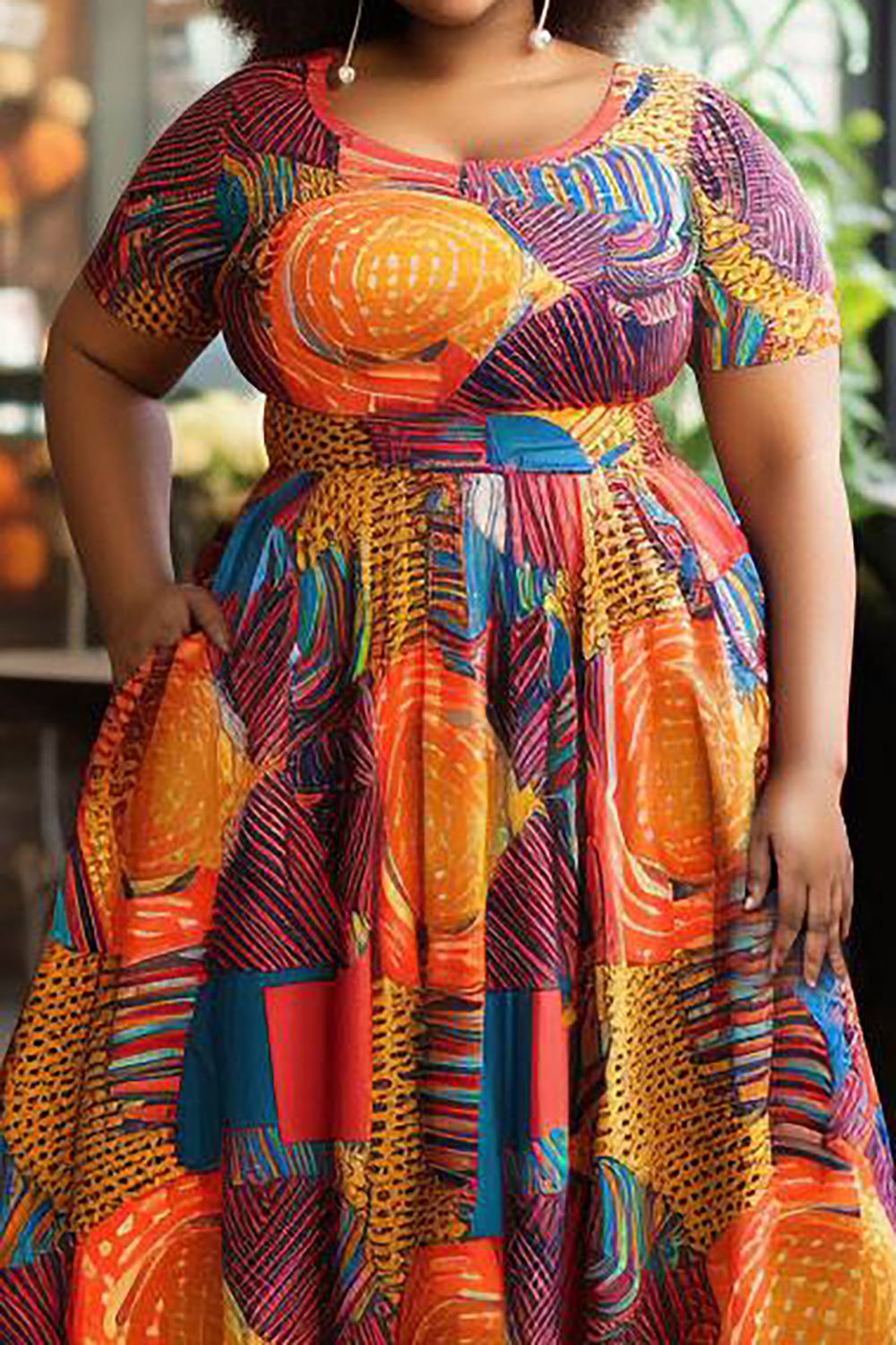 Design Plus Size Daily Maxi Dresses Casual Multicolor Ankara Spring Summer Round Neck Short Sleeve Pocket Knitted Maxi Dresses [Pre-Order]