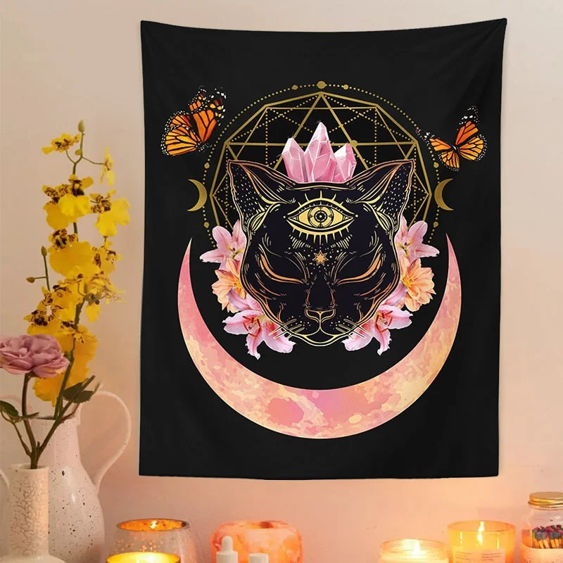 Cat Witch Tapestry Wall Hanging moon star Tarot Butterfly Psychedelic black Trippy Tapestry Psychedelic Wall Prints Wall Decor