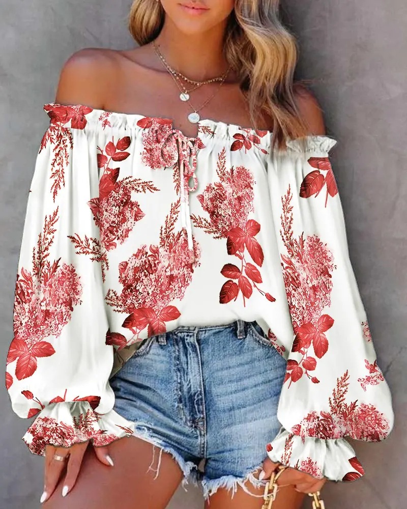 Women's Sexy Printed Long Sleeve Casual Drawstring Elegant Blouses