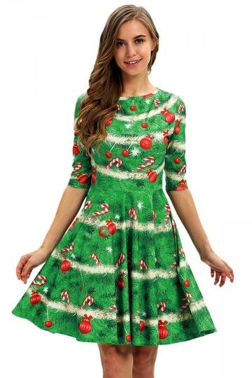 Crew Neck Half Sleeve Candy Print Christmas Tree Dress Oliver Green-elleschic