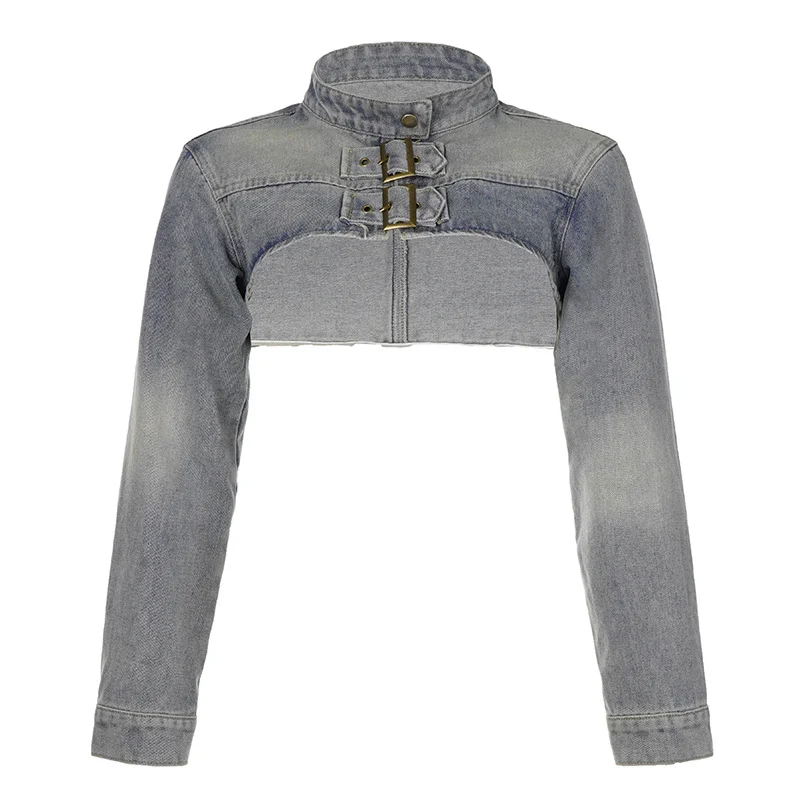 Ueong Old Washing Metal Buckle Collar Loose Long-Sleeved Ultra-Short Denim Jacket Blouse 2023 New Style