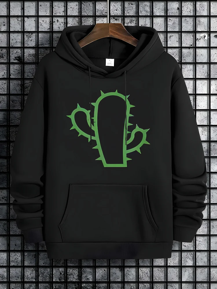 Women's Large Size Sweatshirt - Black With Green Cactus Graphic Pullover Hoodie, Sporty Casual Casual Attire For Gym, Lounge, Running Errands - Machine Washable Non-Stretch Fabric, Sweater For Working Out, Gym Attire, Street Fashion