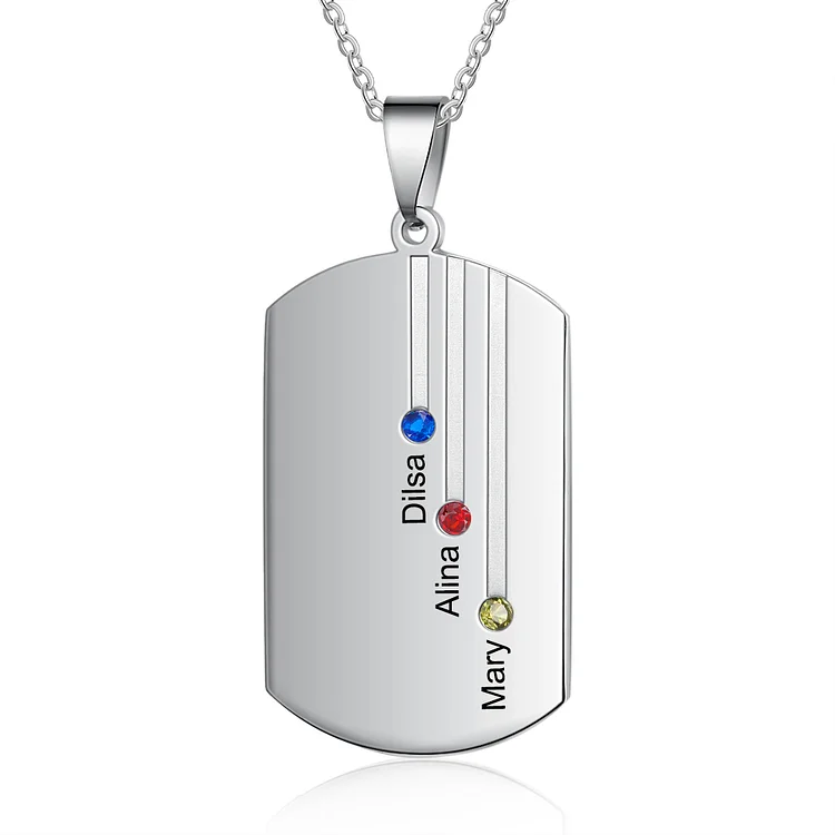 Men's Custom Dog Tag Necklace with Engraved 3 Names and 3 Birthstones
