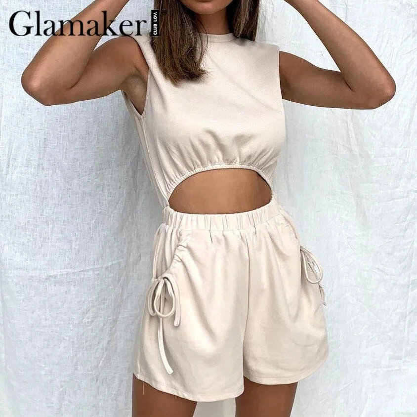 Glamaker Hollow out sexy fashion romper Women casual pocket spring summer short jumpsuit Loose home sleeveless playsuit 2021