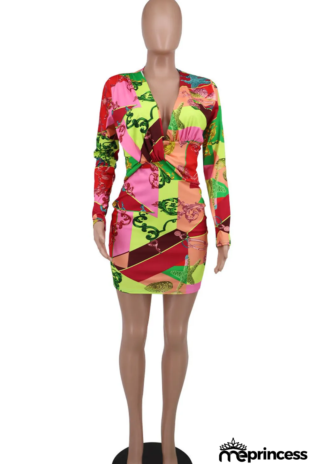 Blue Sexy Print Patchwork V Neck Pencil Skirt Dresses