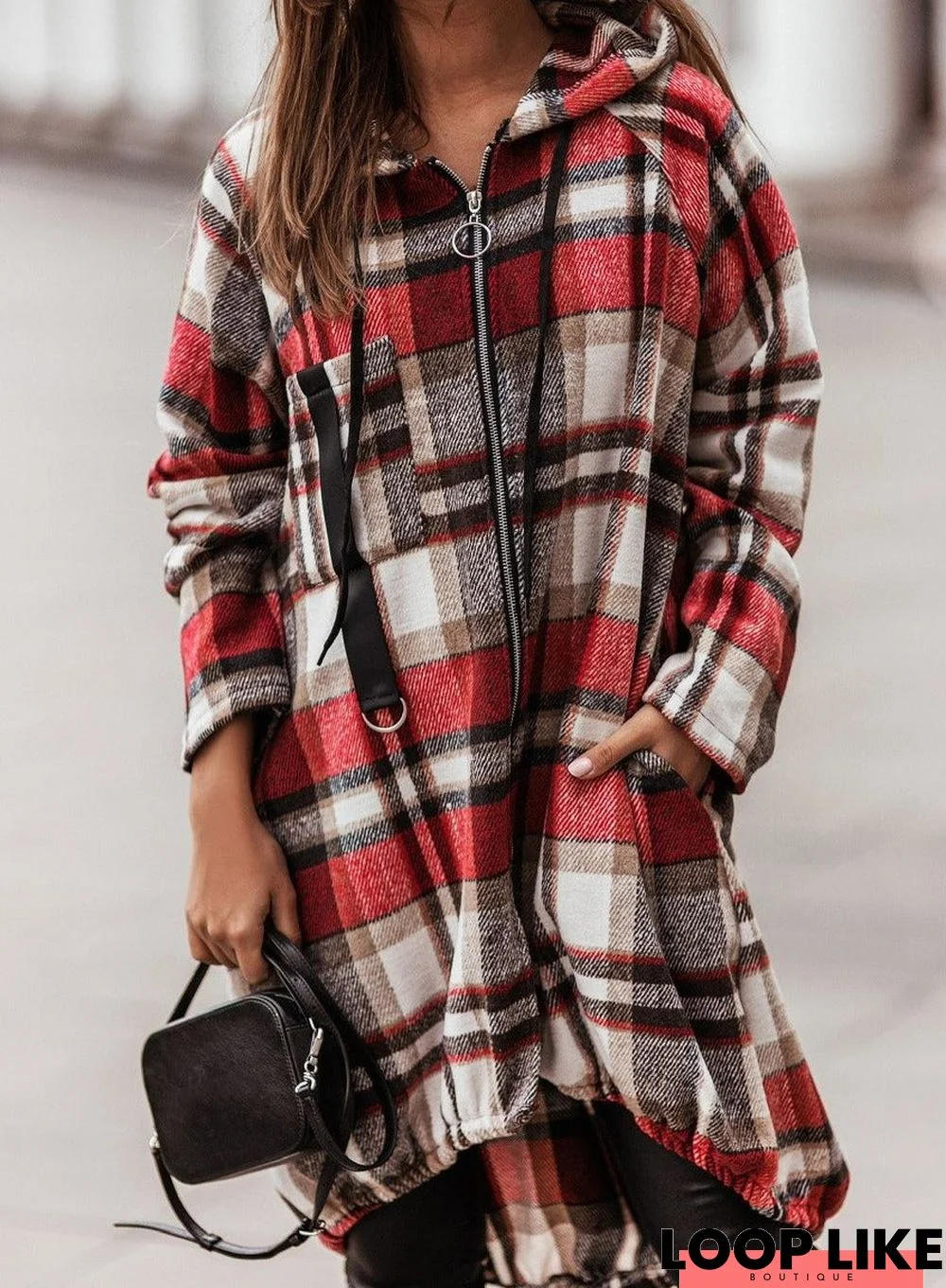 Casual Plaid Zip Long Sleeve Hooded Outerwear